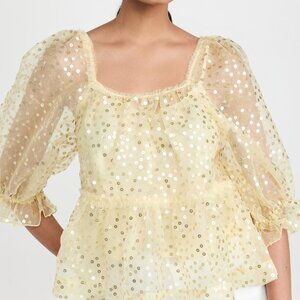 CINQ À SEPT Moyra Sequin Puff Sleeve Top in yellow
